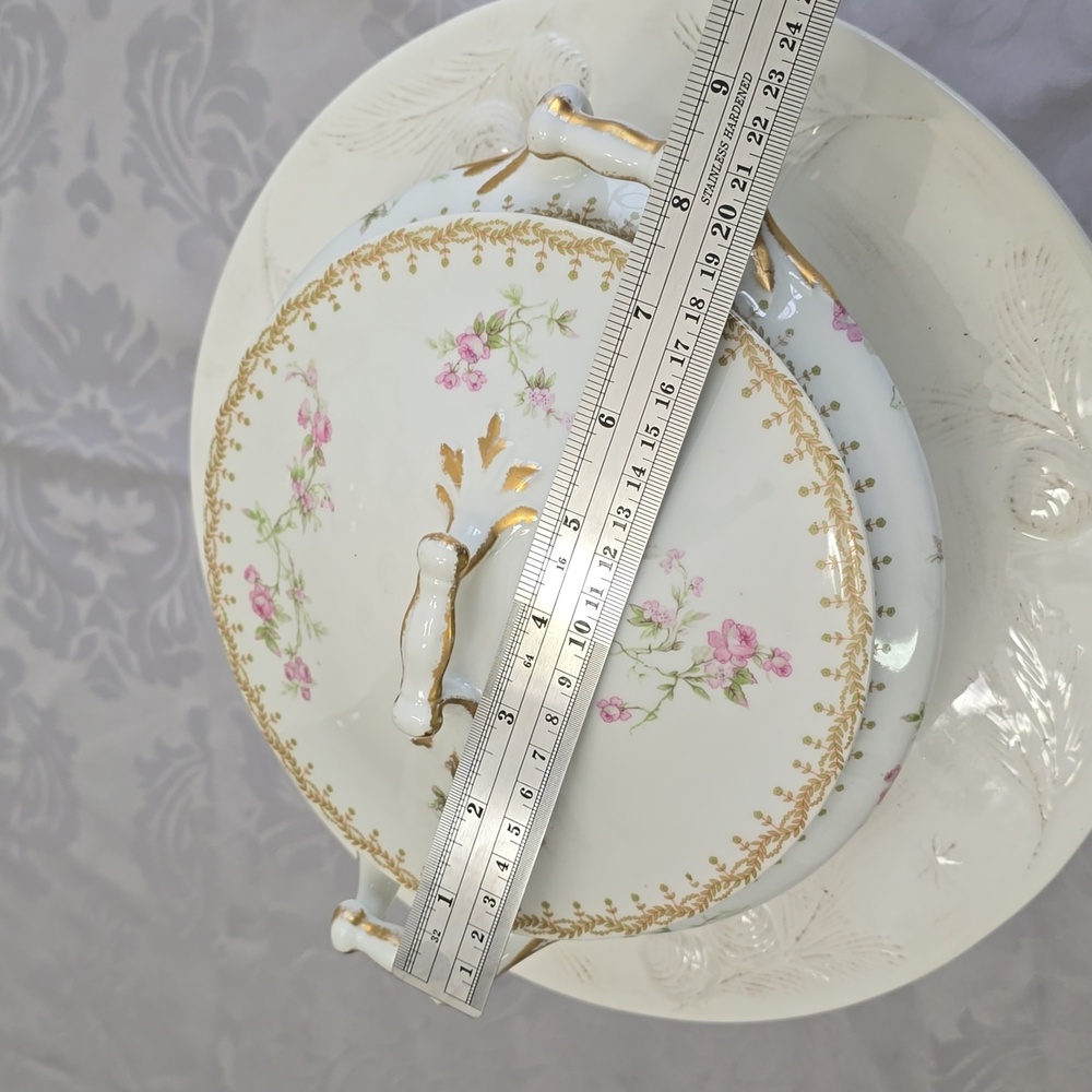 Vintage PL Limoges France M Redon Round Dish Lid Handles Pink Roses - Picture 16 of 17